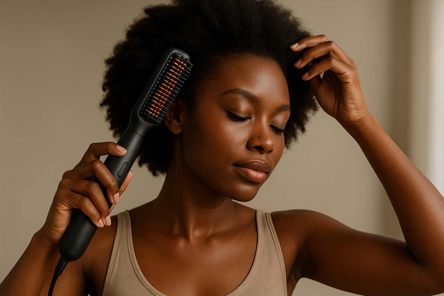 femme africaine utilisant une brosse chauffante sans fil