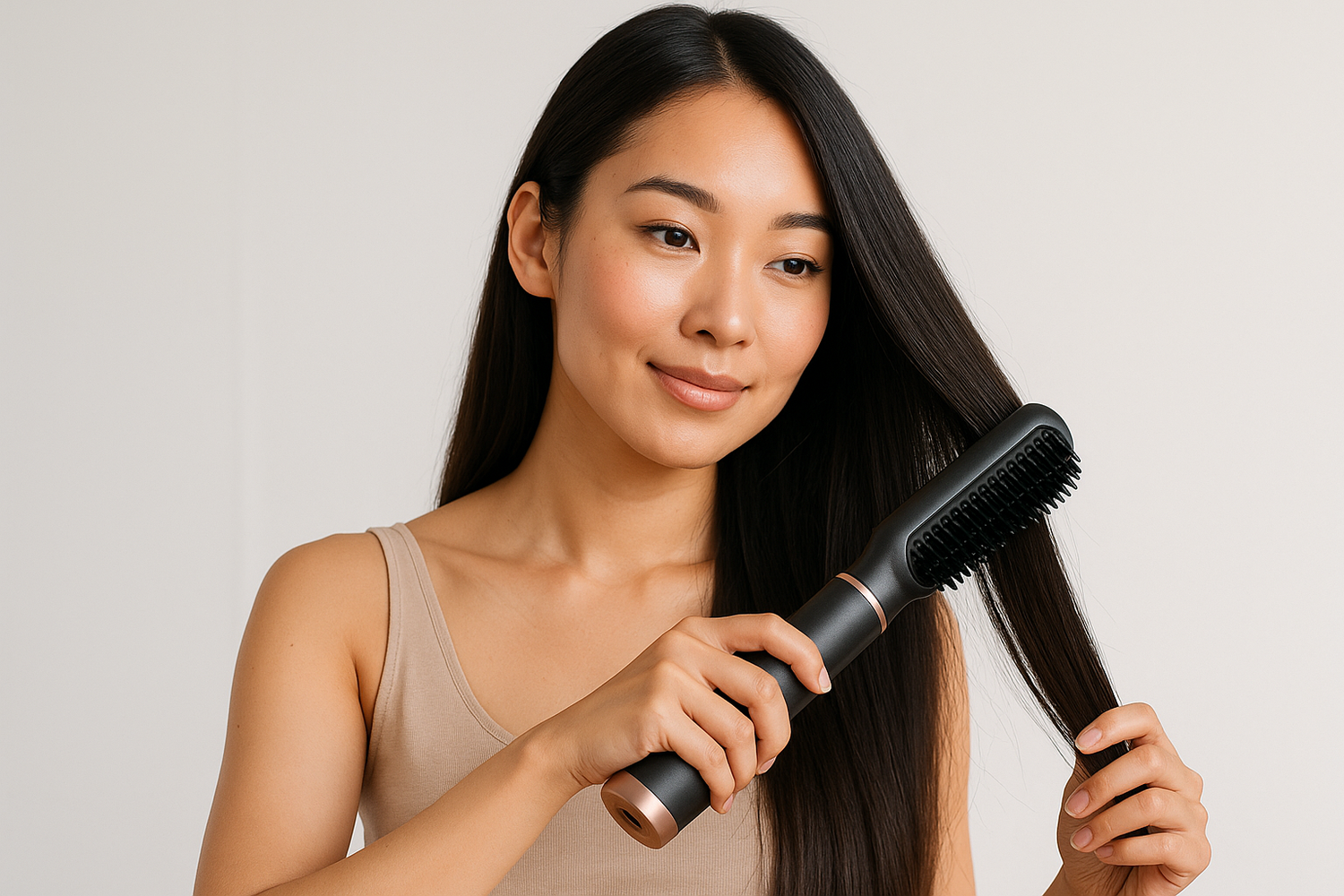 femme asiatique utilisant une brosse a lisser sans fil