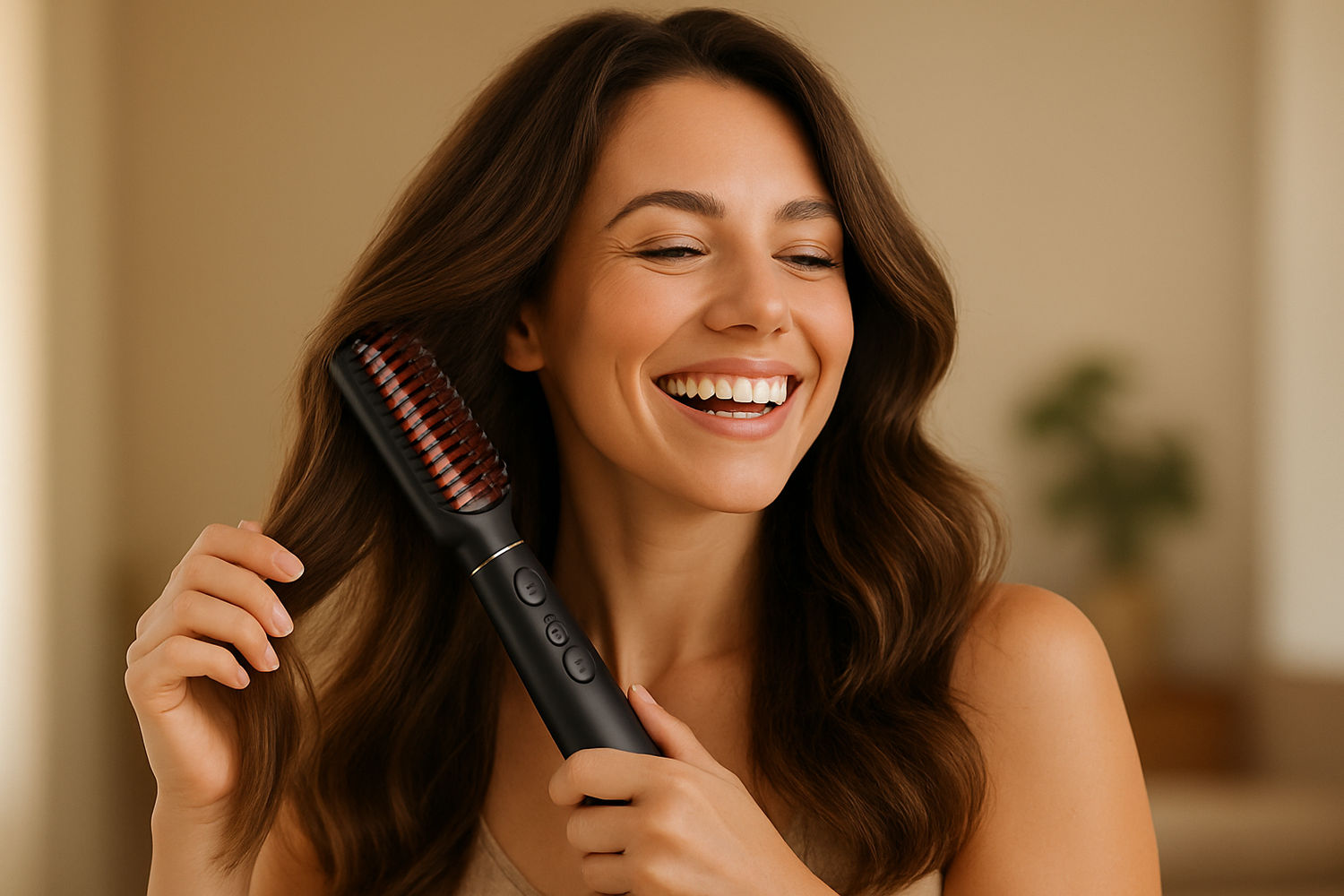 femme utilisant une brosse chauffante sans fil affichant un grand sourire