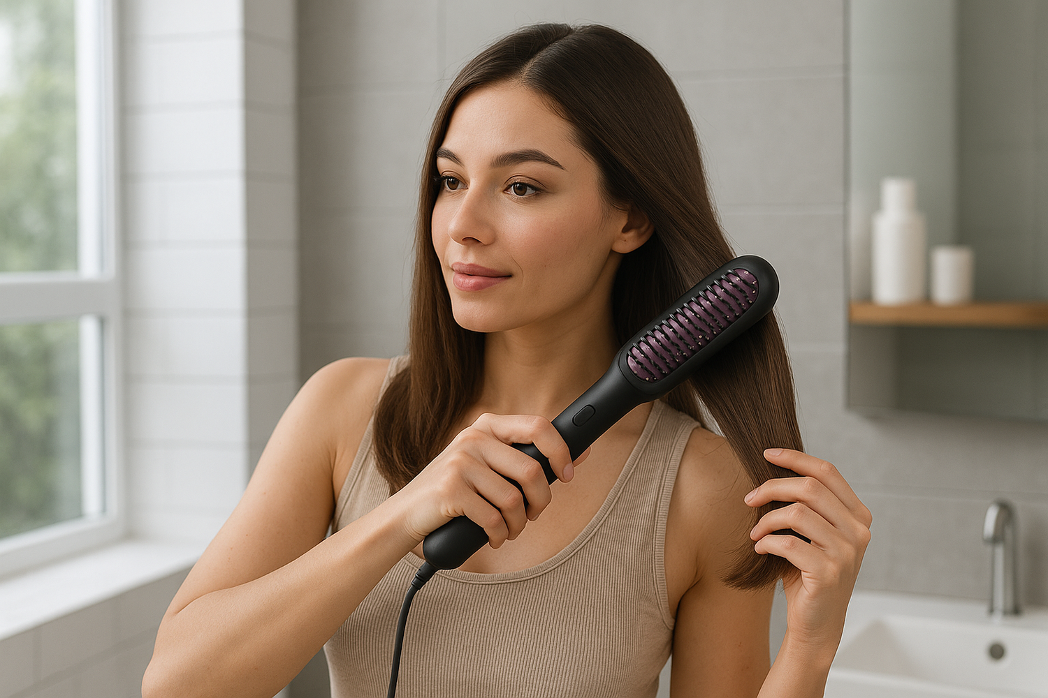 femme utilisant une brosse chauffante sans fil