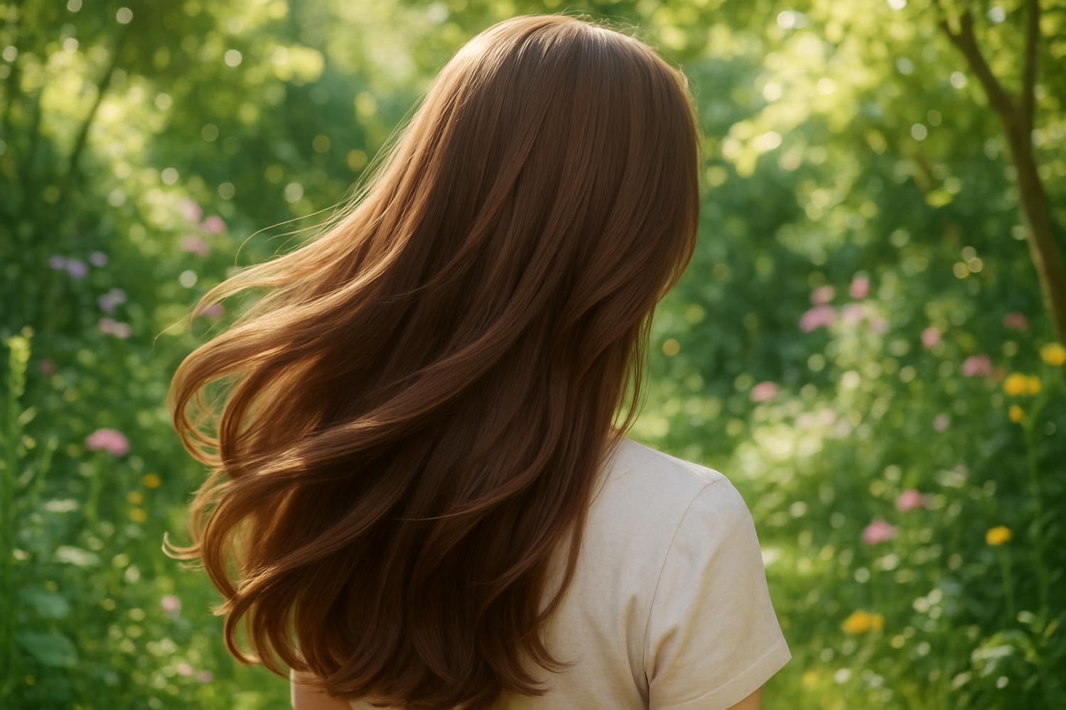 image de cheveux lisse brun dans un jardin